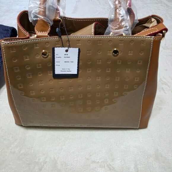 Arcadia Handbags - Arcadia Italy Gina Beige Brown Gold Hardware Patent Leather Double Handle Strap